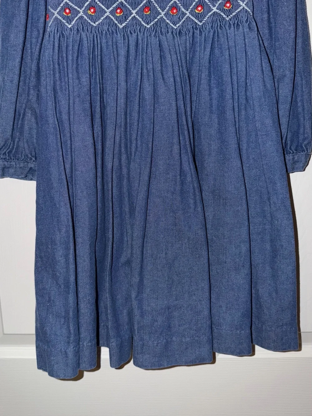 M.C. Collection Girls Size 6 Smocked Chambray Denim Dress Red Trim